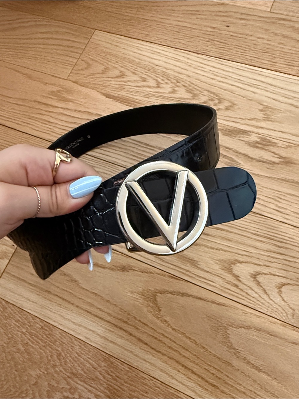 Valentino Black Croc-Embossed Leather Belt with Silver V Buckle